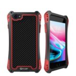 R-JUST ShocKproof Carbon Fiber Texture Silicone + Metal Whole-surround Protective Hybrid Case with Tempered Glass Screen Protector for iPhone 8/7 – Black / Red