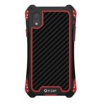 R-JUST AMIRA Series Drop-resistant Carbon Fiber Texture Silicone + Metal Phone Shell with Tempered Glass Screen Protector for 	iPhone XR 6.1 inch – Red / Black
