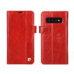 PIERRE CARDIN Litchi Skin Genuine Leather Phone Shell with Card Slots for Samsung Galaxy S10 – Red