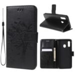 Imprint Tree Cat Flip Leather Wallet Stand Phone Cover for Samsung Galaxy A20e – Black