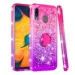 Rhinestone Decor Gradient Glitter Powder Quicksand TPU Shell with Finger Ring Buckle for Samsung Galaxy A30/A20 – Red/Purple