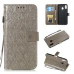 Imprint Leaf Leather Wallet Case for Samsung Galaxy M20 – Grey