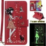 Luminous Women and Cat Pattern PU Leather Wallet Phone Stand Case for Samsung Galaxy M20 – Purple