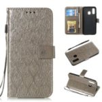 Imprint Leaf Leather Wallet Stand Case for Samsung Galaxy A40 – Grey
