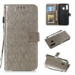 Imprint Leaf Leather Wallet Stand Case for Samsung Galaxy A20 / A30 – Grey