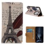 Patterned Printing Magnetic Wallet Leather Phone Cover for Samsung Galaxy A10e – Eiffel Tower and Feather