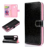 Glitter Powder Magnetic Stand Wallet PU Leather Case for Samsung Galaxy A40 – Black