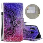 Laser Carving Pattern Printing Leather Wallet Stand Protective Casing with Strap for Samsung Galaxy A20 / A30 – Flower
