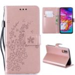 Imprint Plum Blossom Leather Wallet Stand Case for Samsung Galaxy A70 – Rose Gold