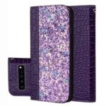 Auto-absorb Crocodile Texture Glittery Sequins Splicing Leather Case with Card Slot for Samsung Galaxy S10 5G – Purple