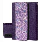 Crocodile Texture Glittery Sequins Splicing Card Slot Stand Leather Case for Samsung Galaxy A70 – Purple