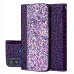 Crocodile Texture Glittery Sequins Splicing PU Leather Phone Case for Samsung Galaxy A40 – Dark Purple