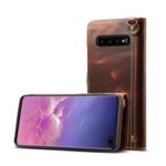Oil Wax Cowhide Skin Retro Genuine Leather Wallet Case for Samsung Galaxy S10 5G – Brown