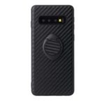 Rotating Ring Kickstand PU Leather Coated TPU Phone Case [Built-in Magnetic Metal Sheet] for Samsung Galaxy S10 Plus – Carbon Fiber Texture