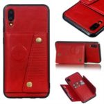 Kickstand Card Holder PU Leather Coated TPU Phone Casing [Built-in Vehicle Magnetic Sheet] for Samsung Galaxy M10 – Red