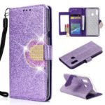 Glitter Powder Rhinestone Decoration Leather Wallet Case with Mirror for Samsung Galaxy A20e – Purple