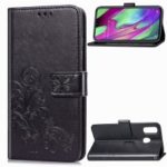 Imprint Four Leaf Clover Leather Wallet Stand Case with Strap for Samsung Galaxy A40 – Black