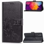 Imprint Four Leaf Clover Leather Wallet Stand Case with Strap for Samsung Galaxy A50 – Black