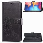 Imprint Four Leaf Clover Leather Wallet Stand Case with Strap for Samsung Galaxy A20e – Black