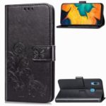 Imprint Four Leaf Clover Leather Wallet Stand Case with Strap for Samsung Galaxy A20 / A30 – Black