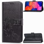 Imprint Four Leaf Clover Leather Wallet Stand Case with Strap for Samsung Galaxy A10 – Black