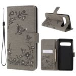 Imprinted Butterfly Flower Pattern Rhinestone Leather Wallet Case for Samsung Galaxy S10 5G – Grey