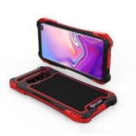 R-JUST Drop-resistant Carbon Fiber Texture Silicone + Metal Phone Case with Tempered Glass Screen Protector for Samsung Galaxy S10 Plus – Red / Black