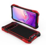 R-JUST Drop-resistant Carbon Fiber Texture Silicone + Metal Phone Case with Tempered Glass Screen Protector for Samsung Galaxy S10 – Red / Black