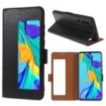 Hollow Window Litchi Skin Genuine Leather Flip Smart Phone Case for Huawei P30 – Black