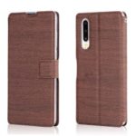 Wood Grain PU Leather Stand Card Slots TPU Casing with Hang Rope for Huawei P30 – Brown