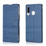 Wood Grain PU Leather Stand Card Slots TPU Phone Case with Hang Rope for Huawei P30 Lite – Blue