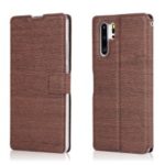 Wood Grain PU Leather Stand Card Slots TPU Phone Shell with Hang Rope for Huawei P30 Pro – Brown