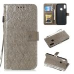 Imprint Rattan Flower Pattern Wallet Stand Leather Case with Strap for Huawei Honor 8A / Huawei Y6 (2019, with Fingerprint Sensor) / Y6 Prime (2019) – Grey