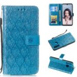 Imprint Rattan Flower Pattern Wallet Flip Leather Phone Cover with Strap for Huawei P30 Lite / Huawei Nova 4e – Baby Blue