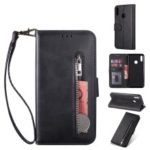 Zipper Leather Wallet Flip Phone Stand Case with Strap for Huawei Y6 (2019, with Fingerprint Sensor) – Black