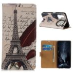 Pattern Printing Leather Wallet Phone Case for Huawei Honor 20 Pro – Eiffel Tower and Characters