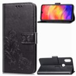 Imprint Four Leaf Clover Leather Wallet Stand Case with Strap for Xiaomi Redmi Note 7 / Note 7 Pro (India) / Note 7S – Black