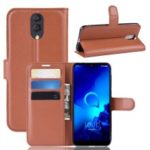 Litchi Skin Wallet Leather Stand Case for Alcatel 3L (2019) – Brown