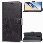 Imprint Four Leaf Clover Leather Wallet Stand Case with Strap for OnePlus 7 Pro – Black