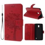 Imprint Cat and Tree Pattern PU Leather Wallet Stand Cover Case for Nokia 1 Plus – Wine Red