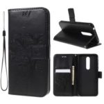 Imprint Cat and Tree Pattern Leather Wallet Case for Nokia 7.1 – Black