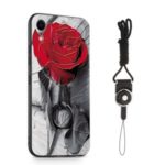 Pattern Printing 360° Rotating Finger Ring Kickstand TPU+PC Hybrid Phone Casing with Strap for iPhone XR 6.1 inch – Rose Flower