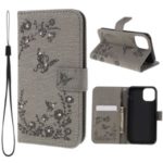 ForApple iPhone (2019) 6.1-inch Imprinted Butterfly Flowers Rhinestone Flip Wallet Leather Stand Phone Case – Grey