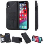 Imprinted Cat Tree PU Leather Coated TPU Phone Case with Card Slot for iPhone XR 6.1 inch – Black