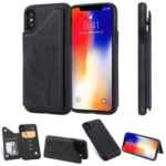 Imprinted Cat Tree Dropproof Leather Coated TPU Phone Case Cover with Card Slot for iPhone XS 5.8 inch / X – Black