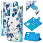 Pattern Printing Wallet Leather Case with Strap for Samsung Galaxy A20e / A10e / A202 / Jean2 – Blue Flower and Butterfly