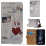 Pattern Printing Leather Wallet Case for Sony Xperia 20 – Cat Holding Heart and American Flag
