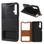 Litchi Texture Dual Window Stand Genuine Leather Phone Case for Huawei Honor 20 – Black