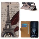 Pattern Printing Wallet PU Leather Phone Shell for Xiaomi Mi CC9 – Eiffel Tower and Characters