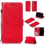 Imprinted Lace Flower Texture Leather Wallet Stand Casing Shell for Xiaomi Redmi K20 / Mi 9T / K20 Pro / Mi 9T Pro – Red